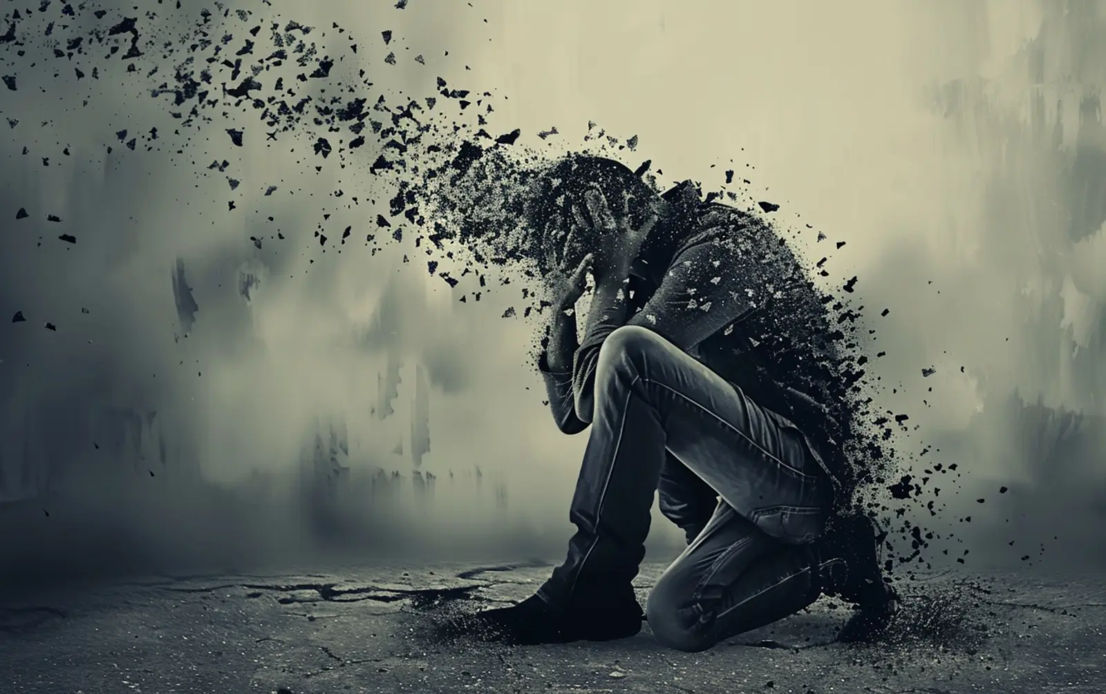 a man crouched disintegrating from mental health