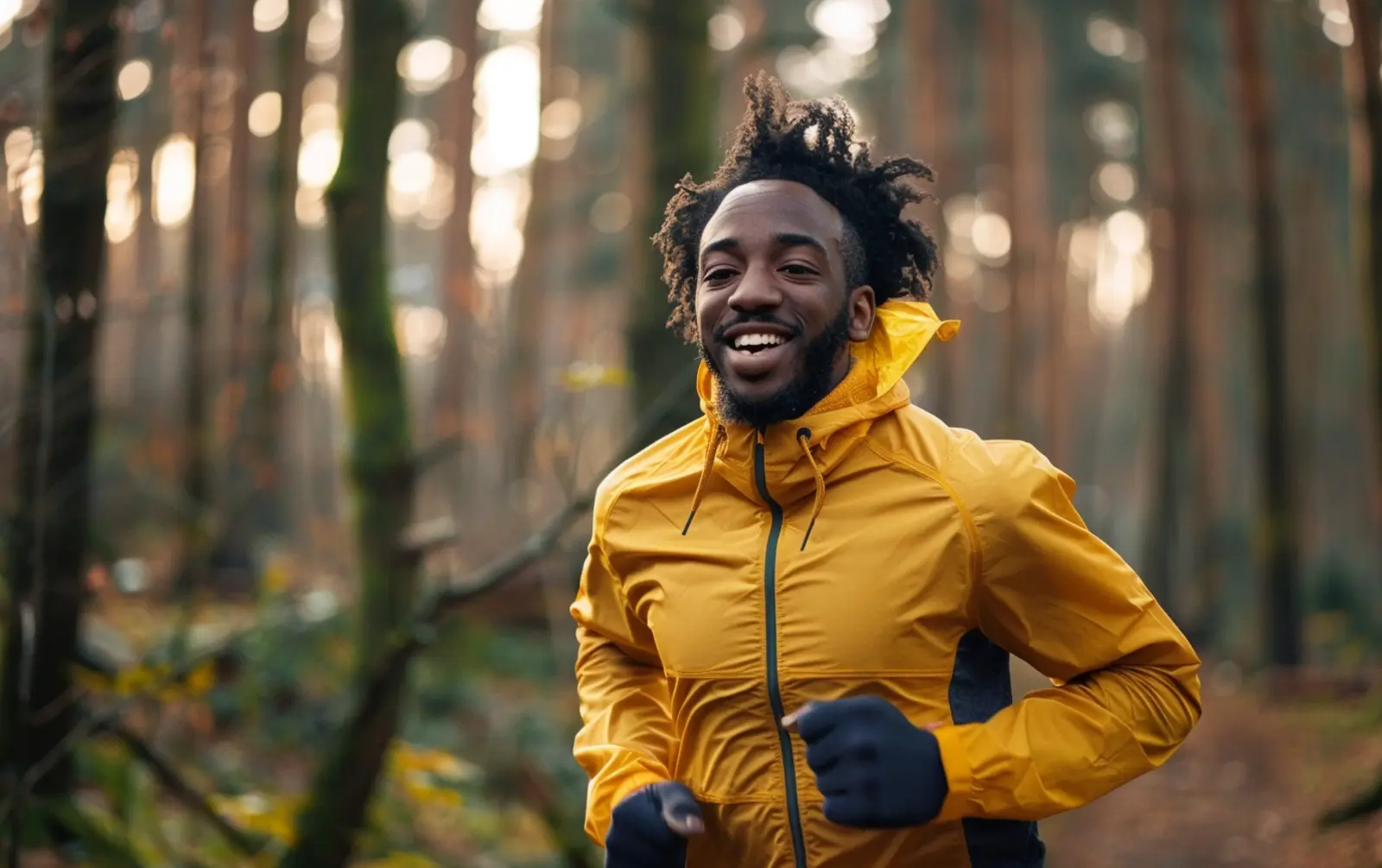 a man looking happy while jogging through the woods