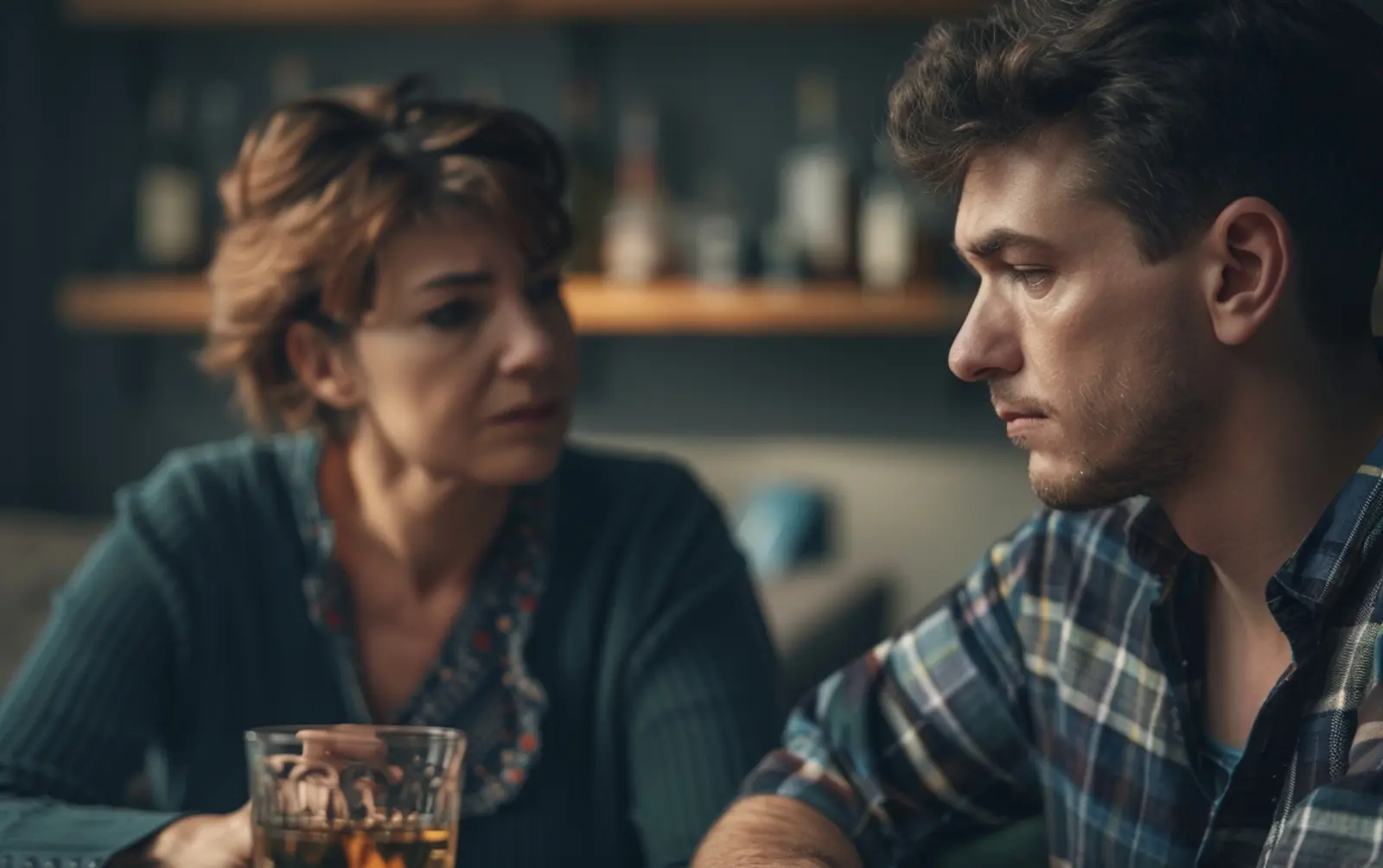 a middle-aged woman worried with her adult son who is an alcoholic