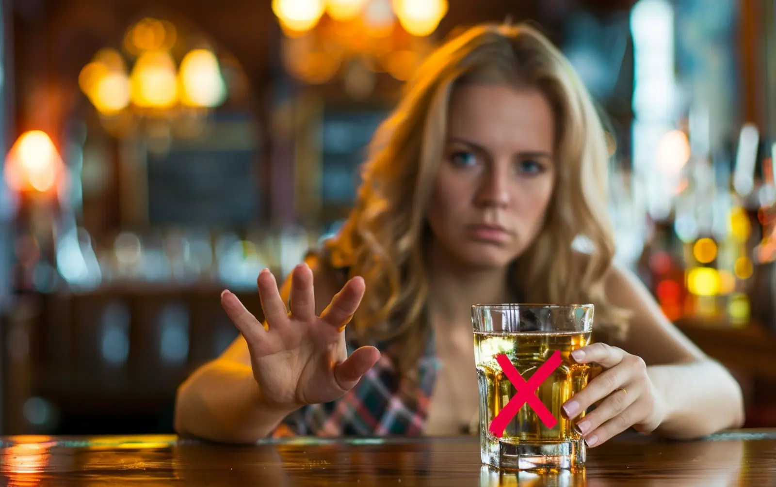 a woman saying no to alcohol