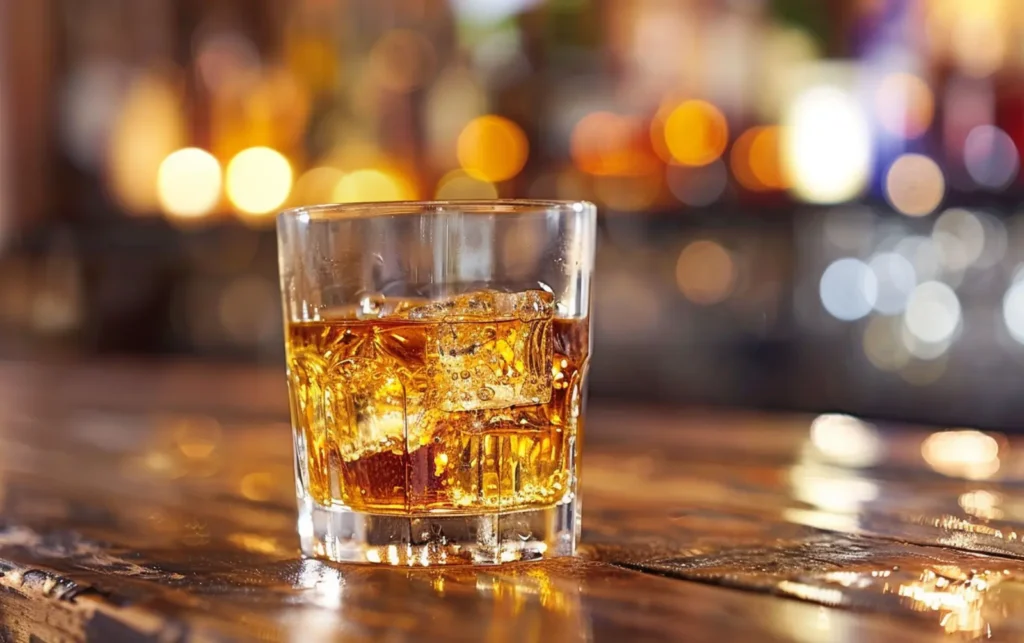 close up of a glass of alcohol on a bar top