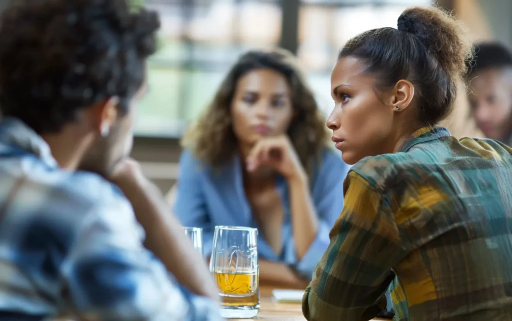 people looking concerned over a drink of alcohol