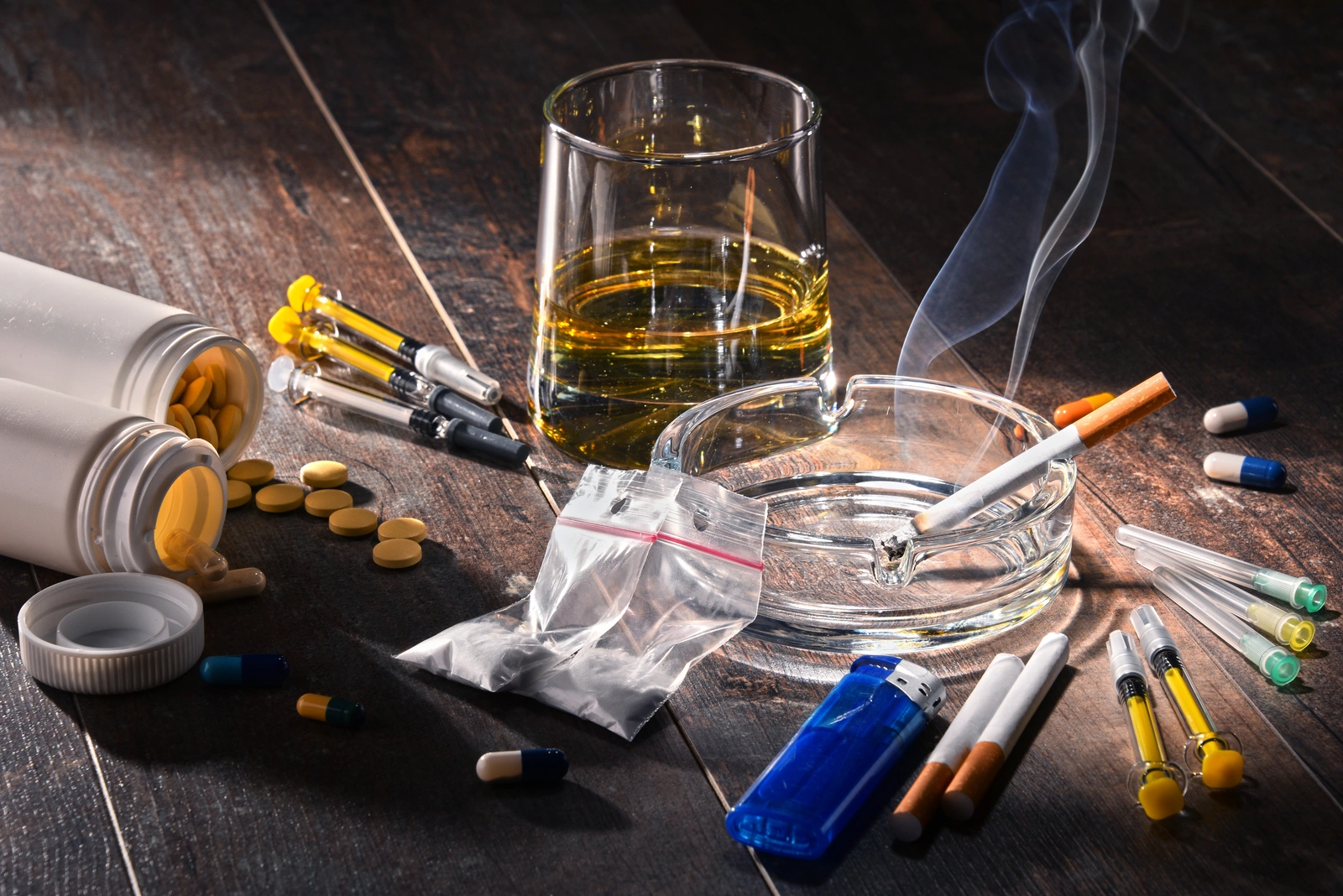 various addictive drugs spread onto a table surface